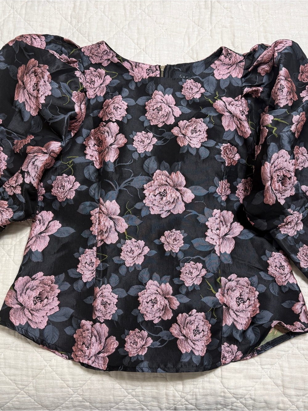 Gracia Black Blouse with Pink Rose Floral Jacquard